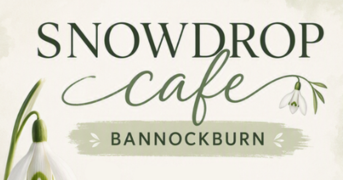 The words Snowdrop Café Bannockburn appear alongside illustrations of snowdrop flowers on a light background.