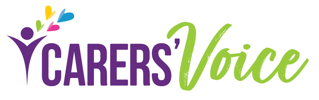 The Carers’ Voice logo features a stylised purple figure and colourful heart icons.