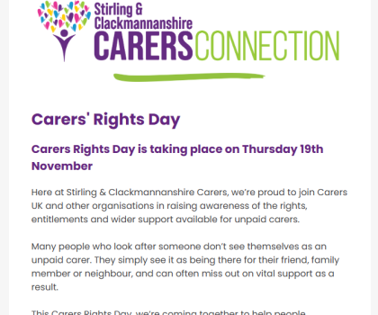 The Stirling and Clackmannanshire Carers Connection logo is positioned above text announcing Carers Rights Day on 19 November.